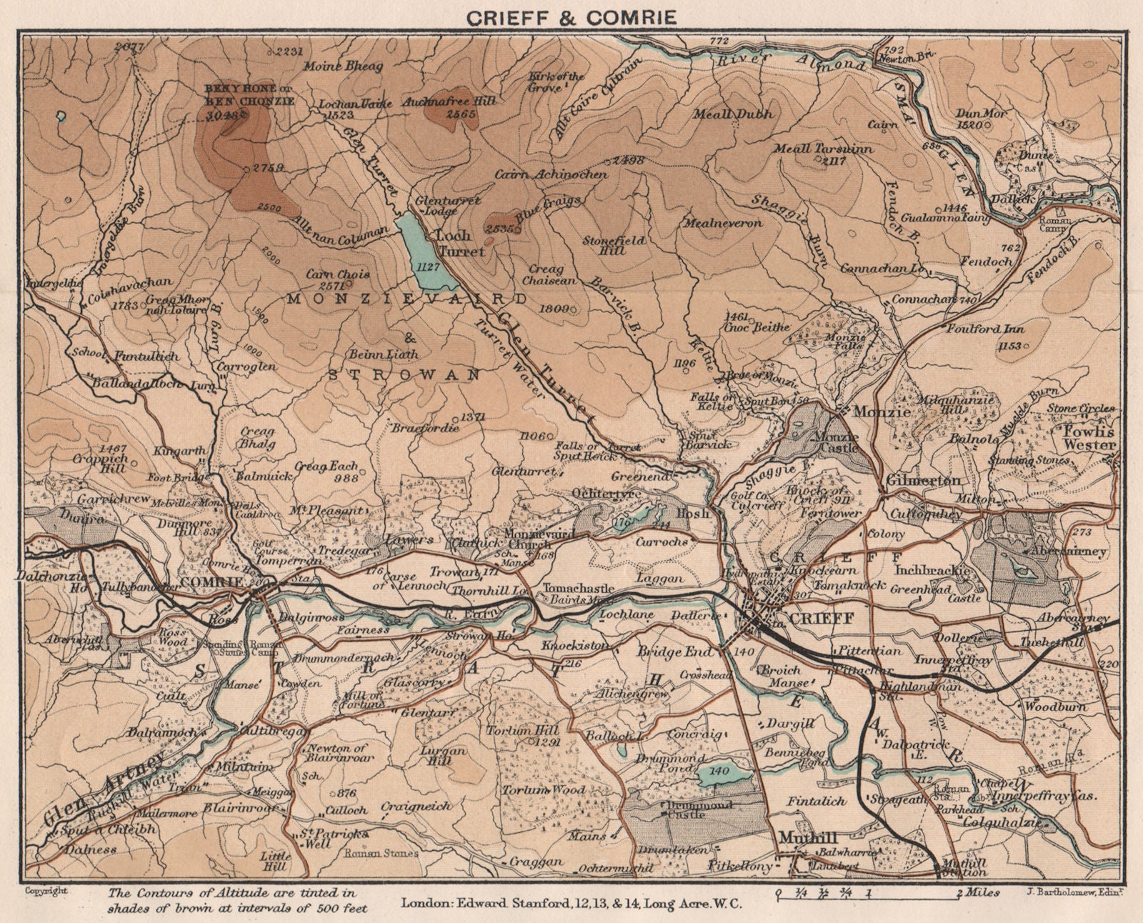 CRIEFF & COMRIE. Monzievaird & Strowan. Vintage map. Scotland. STANFORD 1905